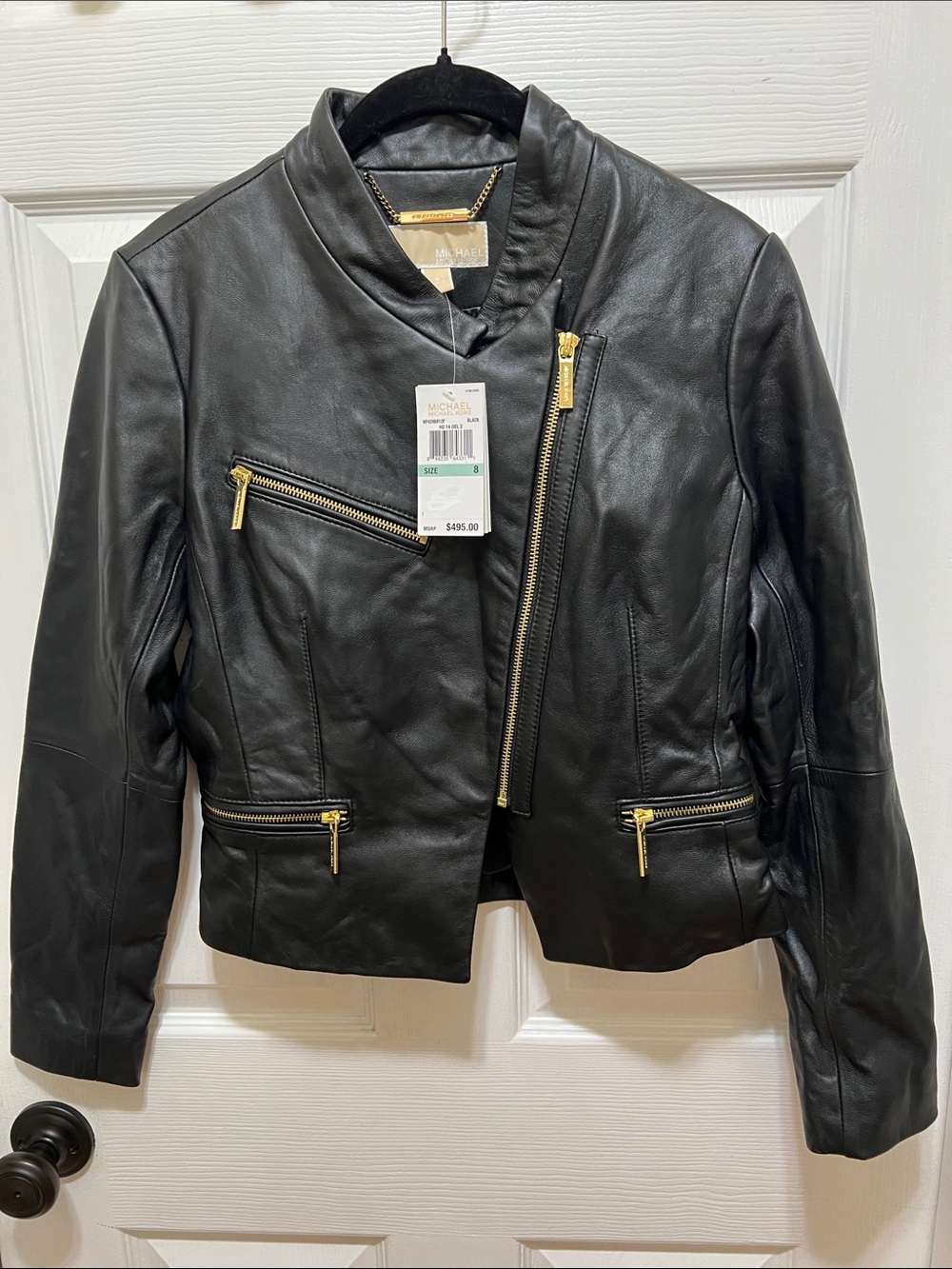 NWT Michael Kors Black Leather Moto Jacket with Gold Zippers Gorgeous
